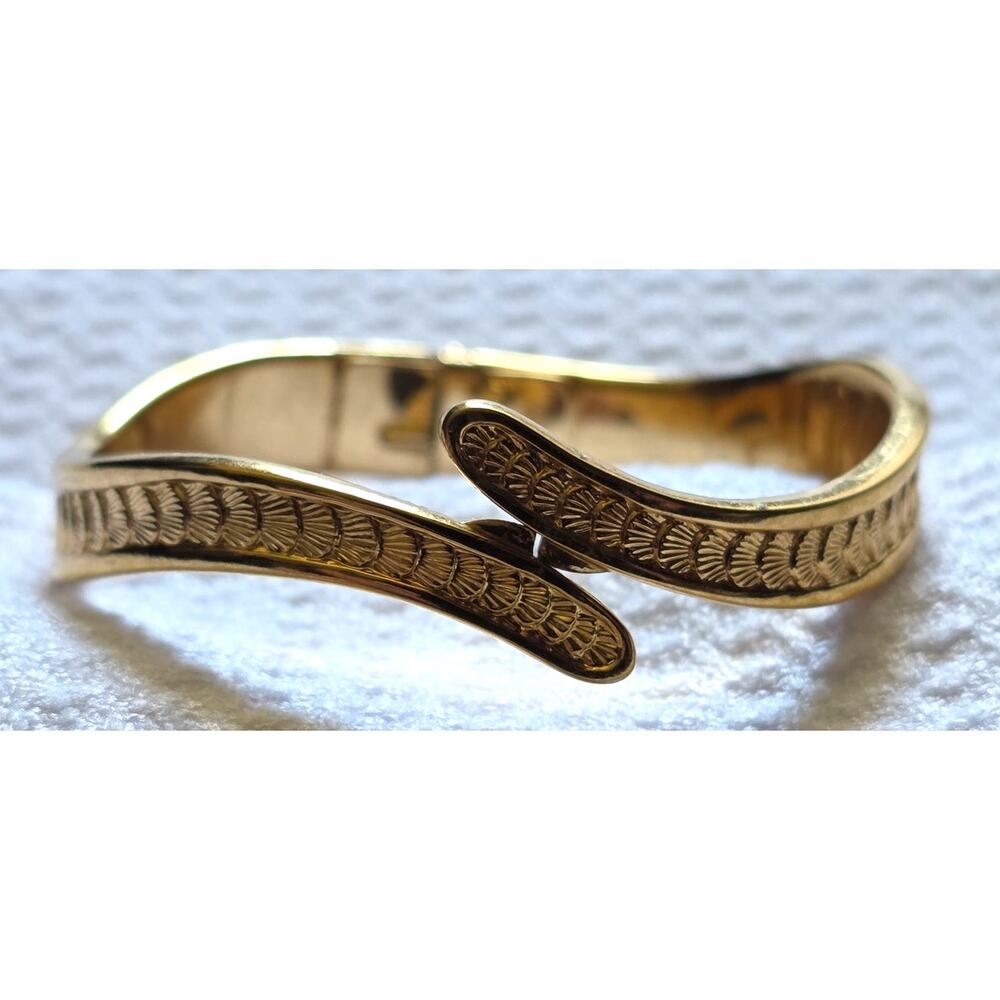 Monet Gold Tone Hinged Bangle Bracelet Etched Signed